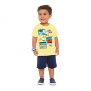 Conj. Infantil Camiseta Manga Curta Amarelo Praia e Bermuda Moletinho Azul Marinho Menino Brandili 1-3/4-8 Anos
